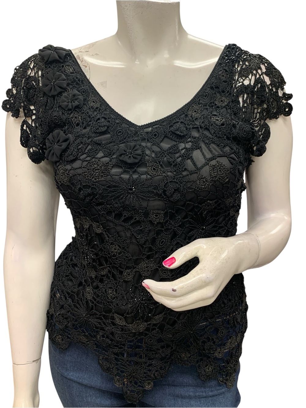 Cartise Black Crochet Lace Cap-Sleeve Blouse Size Xl